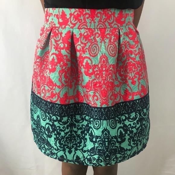 Brocade Red/Navy Blue/Mint Green Mini Skirt - Picture 1 of 5